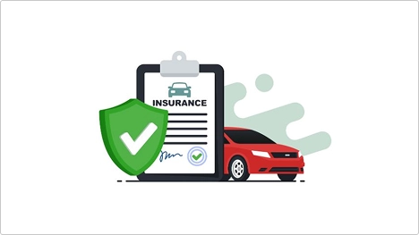 Illustration of car insurance concept with green shield, red car, and clipboard document