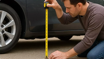 man measuring vehicle ground clearance height with tape measure
