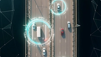 Top view of vehicles on a highway with digital telematics tracking overlay