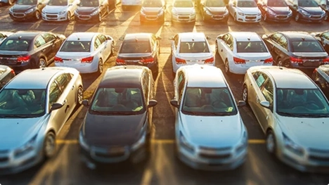 Rows of sedans parked in a fleet lot at sunset with soft background blur