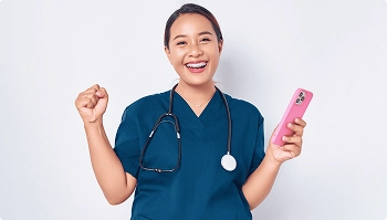 Smiling healthcare worker holding a phone, celebrating a discounted car shipping quote