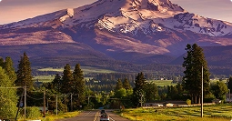Scenic road leading toward Mount Hood with trees and fields in foreground