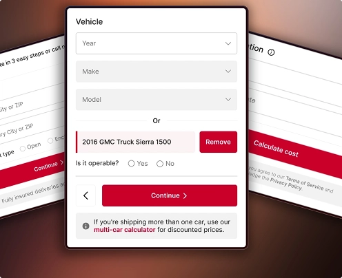 car shipping cost calculator form showing route and vehicle details