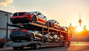 open car carrier loaded with vehicles driving at sunset ready for base delivery
