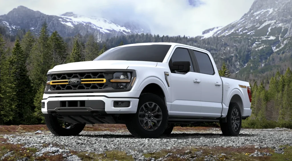 White pickup truck parked on rocky terrain with forested mountains and snow capped peaks in the background