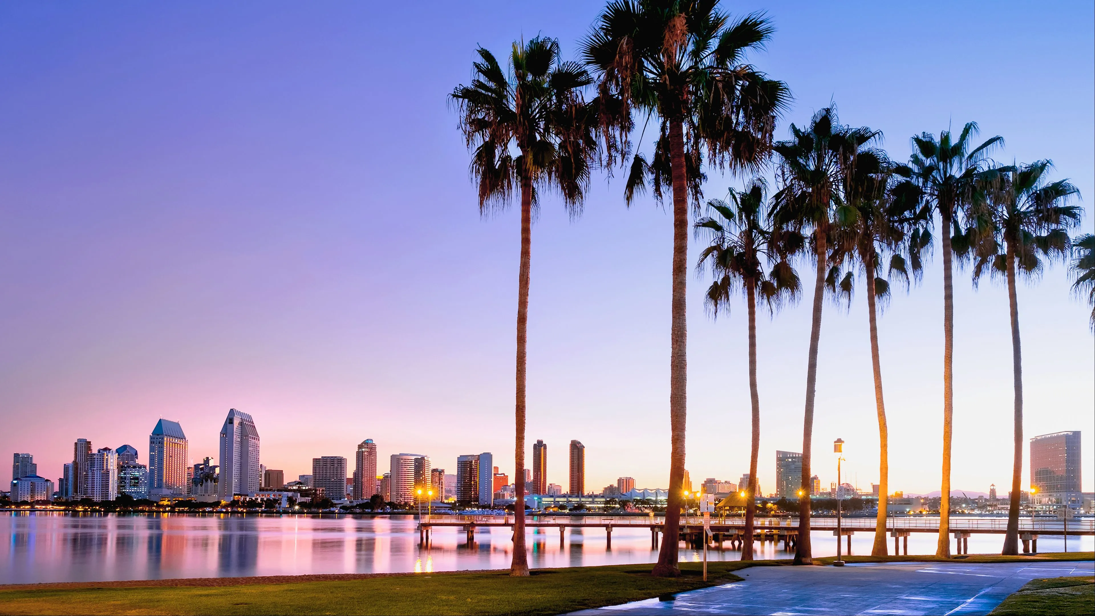 San Diego skyline reflected on calm water at dusk with tall palm trees in the foreground
