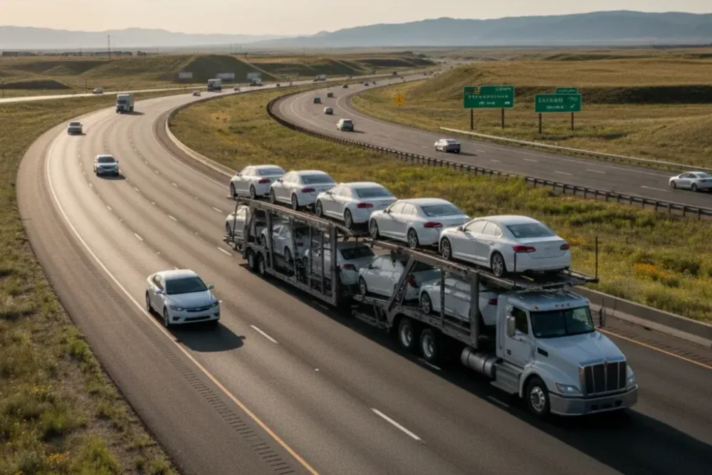 open auto transport truck carrying multiple vehicles on a highway during long distance car shipping