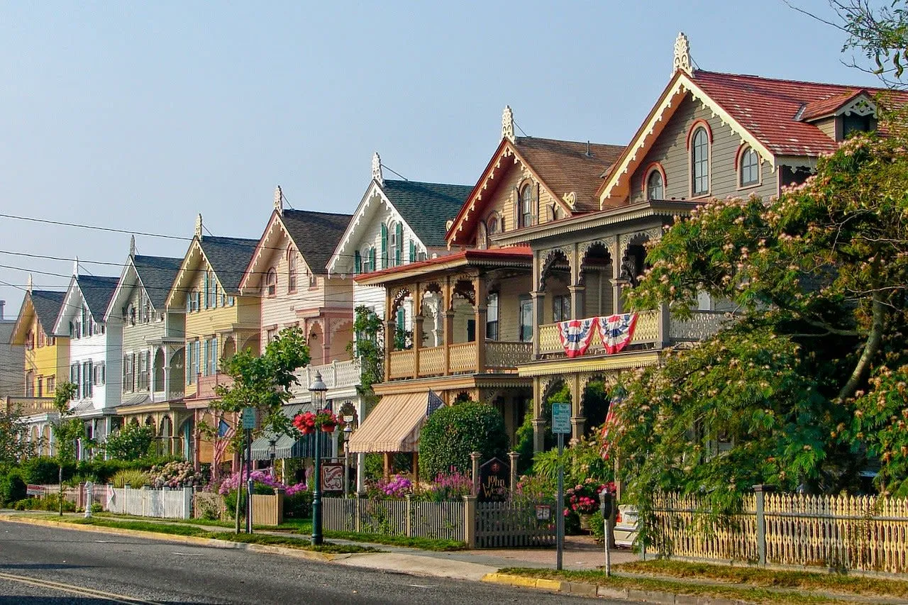 colorful victorian houses in cape may new jersey residential neighborhood