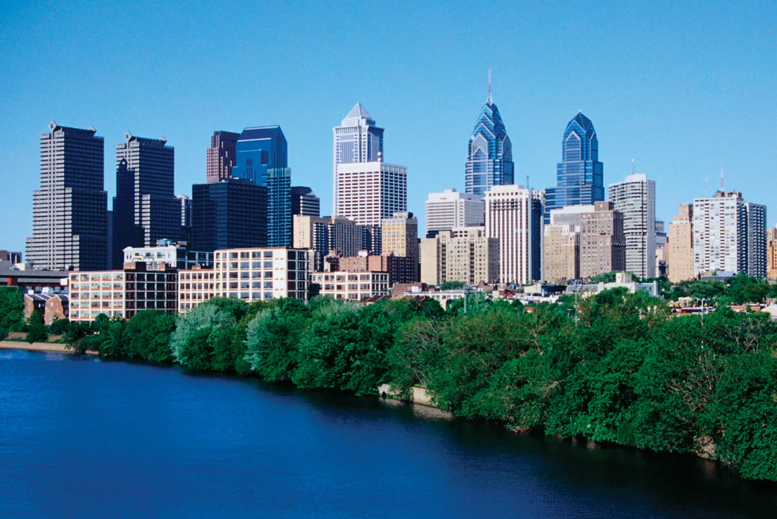 philadelphia pennsylvania skyline with riverfront and city buildings under clear sky