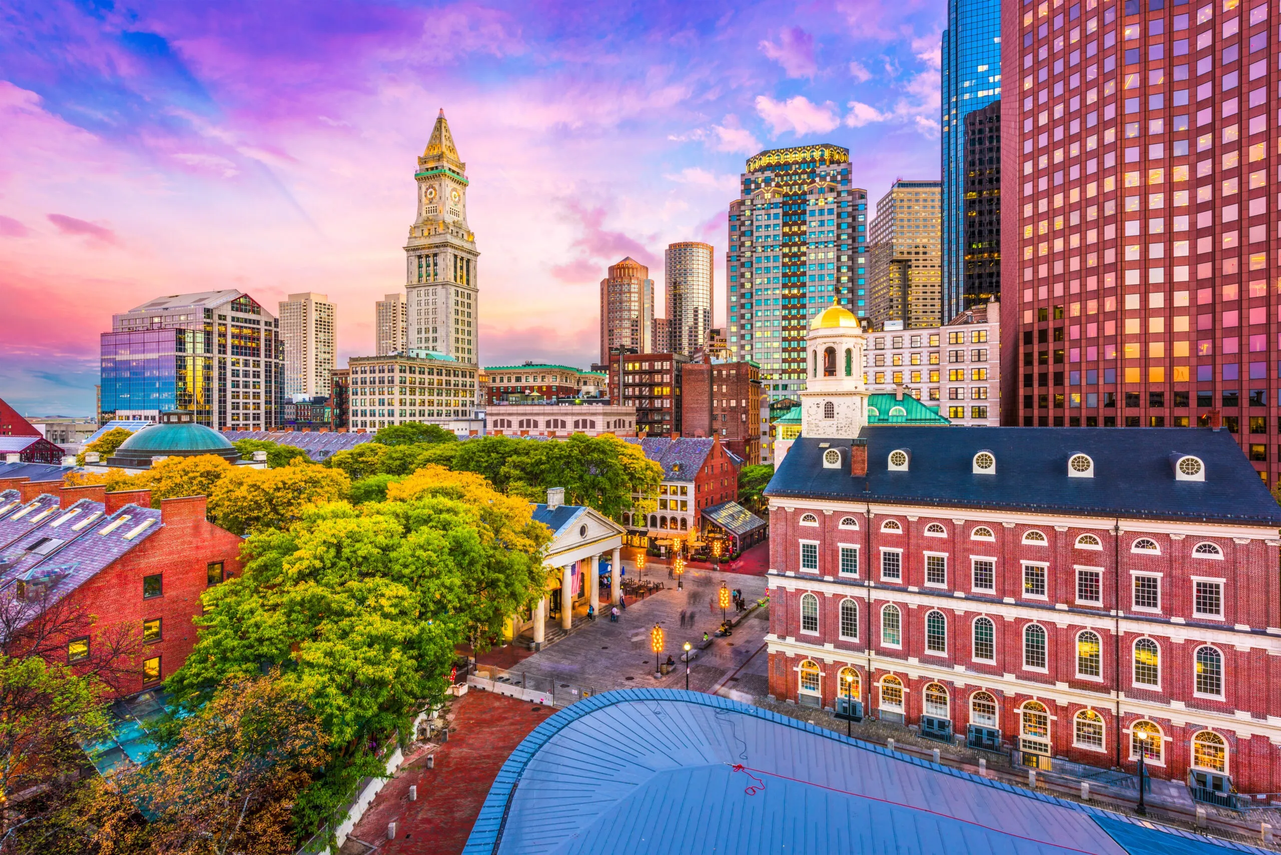 Boston city skyline with historic buildings and downtown skyline at sunset, Massachusetts