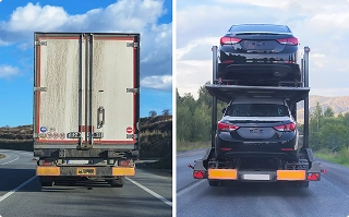 open car carrier and box truck transporting vehicles on highway