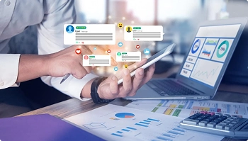 Tablet shows analytics dashboard with message notifications for shipment updates